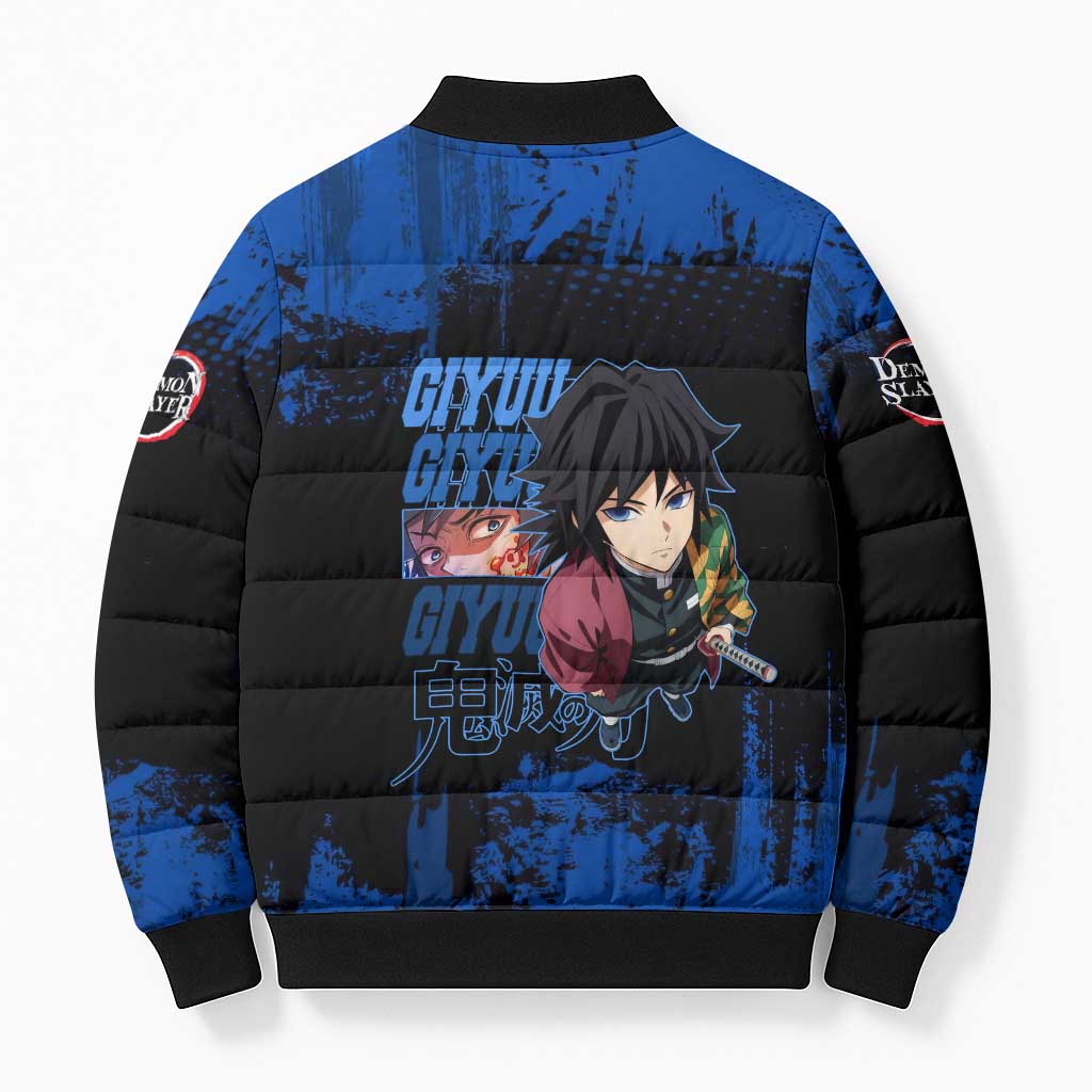 Giyu Tomioka Demon Slayer Blue Grunge Design Bomber Puffer Jacket with Intense Eyes and Sword Stance - The Mazicc