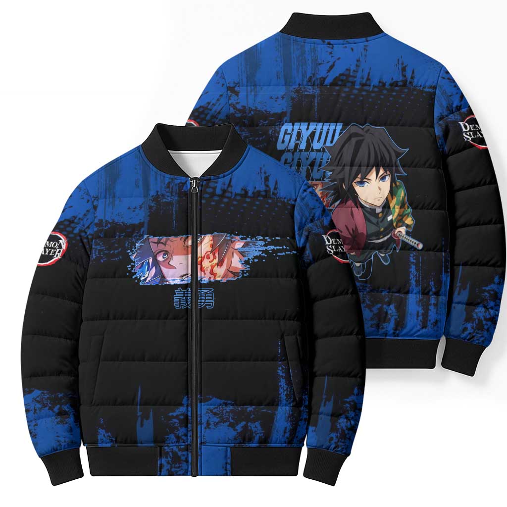 Giyu Tomioka Demon Slayer Blue Grunge Design Bomber Puffer Jacket with Intense Eyes and Sword Stance - The Mazicc