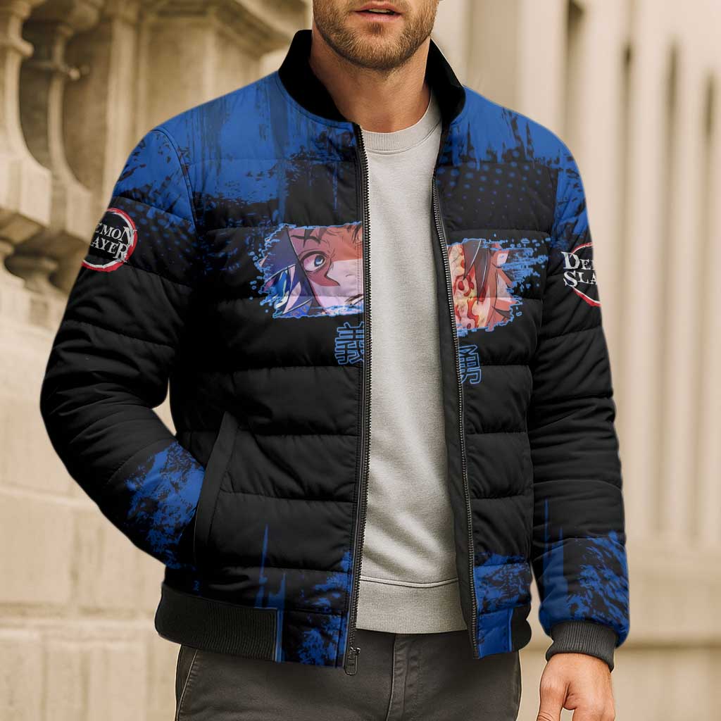 Giyu Tomioka Demon Slayer Blue Grunge Design Bomber Puffer Jacket with Intense Eyes and Sword Stance - The Mazicc