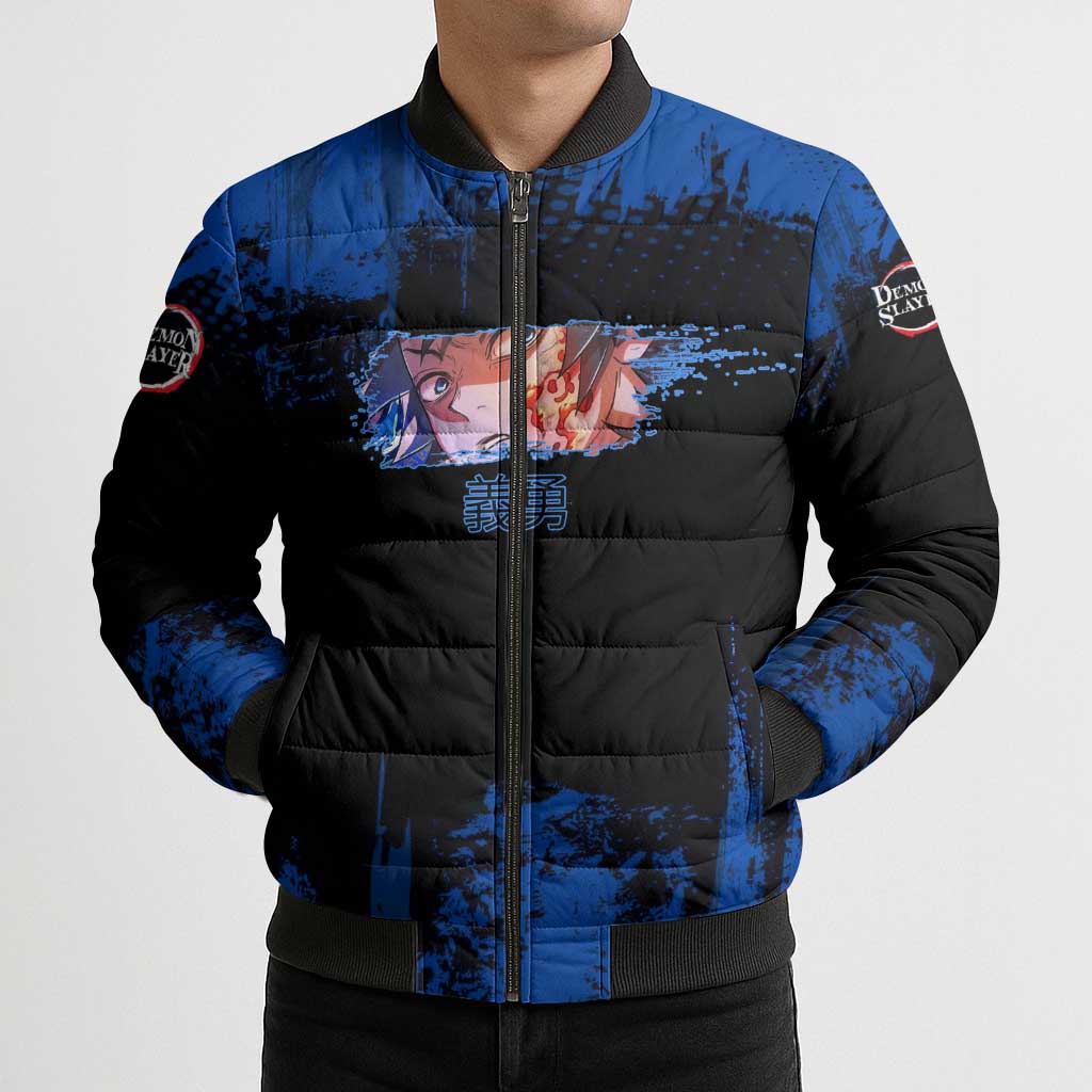 Giyu Tomioka Demon Slayer Blue Grunge Design Bomber Puffer Jacket with Intense Eyes and Sword Stance - The Mazicc