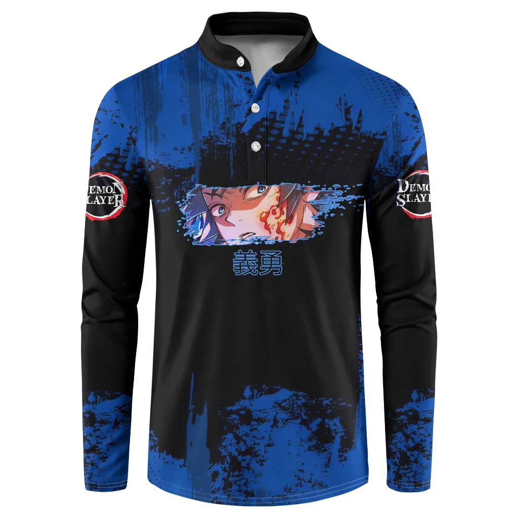 Giyu Tomioka Demon Slayer Blue Grunge Design Button Sweatshirt with Intense Eyes and Sword Stance - The Mazicc