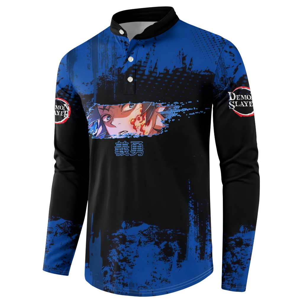 Giyu Tomioka Demon Slayer Blue Grunge Design Button Sweatshirt with Intense Eyes and Sword Stance - The Mazicc
