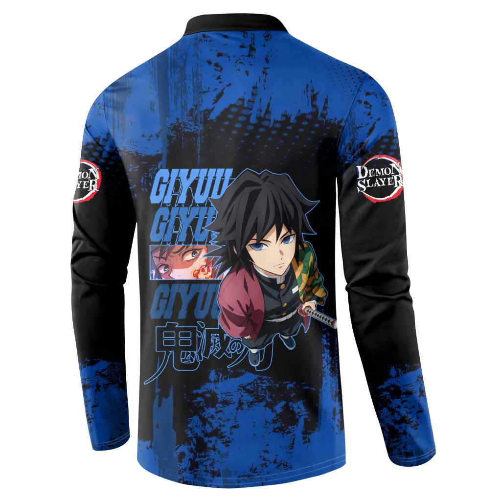 Giyu Tomioka Demon Slayer Blue Grunge Design Button Sweatshirt with Intense Eyes and Sword Stance - The Mazicc