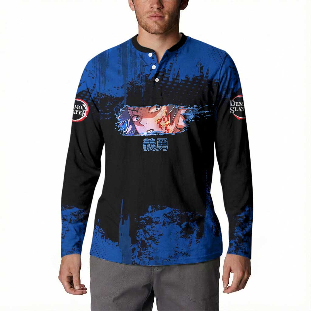 Giyu Tomioka Demon Slayer Blue Grunge Design Button Sweatshirt with Intense Eyes and Sword Stance - The Mazicc