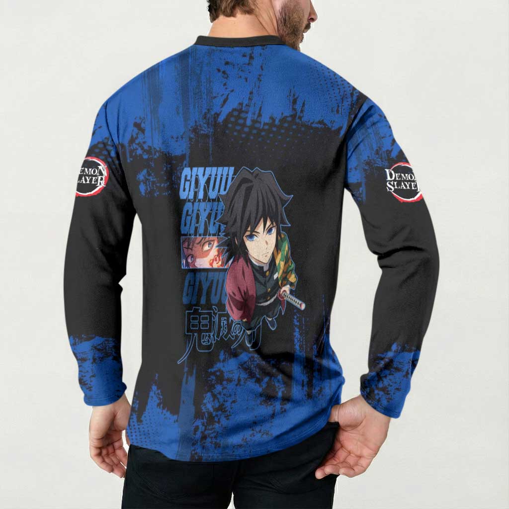 Giyu Tomioka Demon Slayer Blue Grunge Design Button Sweatshirt with Intense Eyes and Sword Stance - The Mazicc