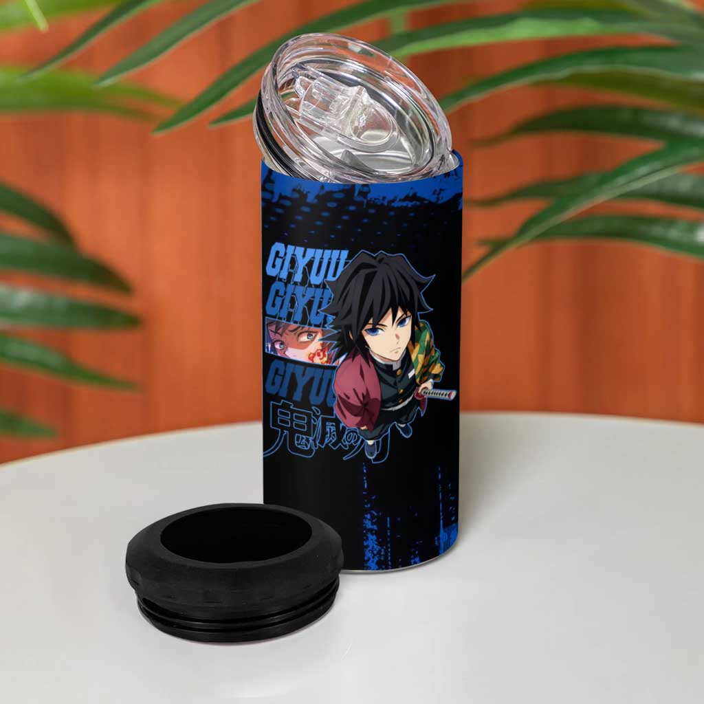 Giyu Tomioka Demon Slayer Blue Grunge Design 4 in 1 Can Cooler Tumbler with Intense Eyes and Sword Stance - The Mazicc