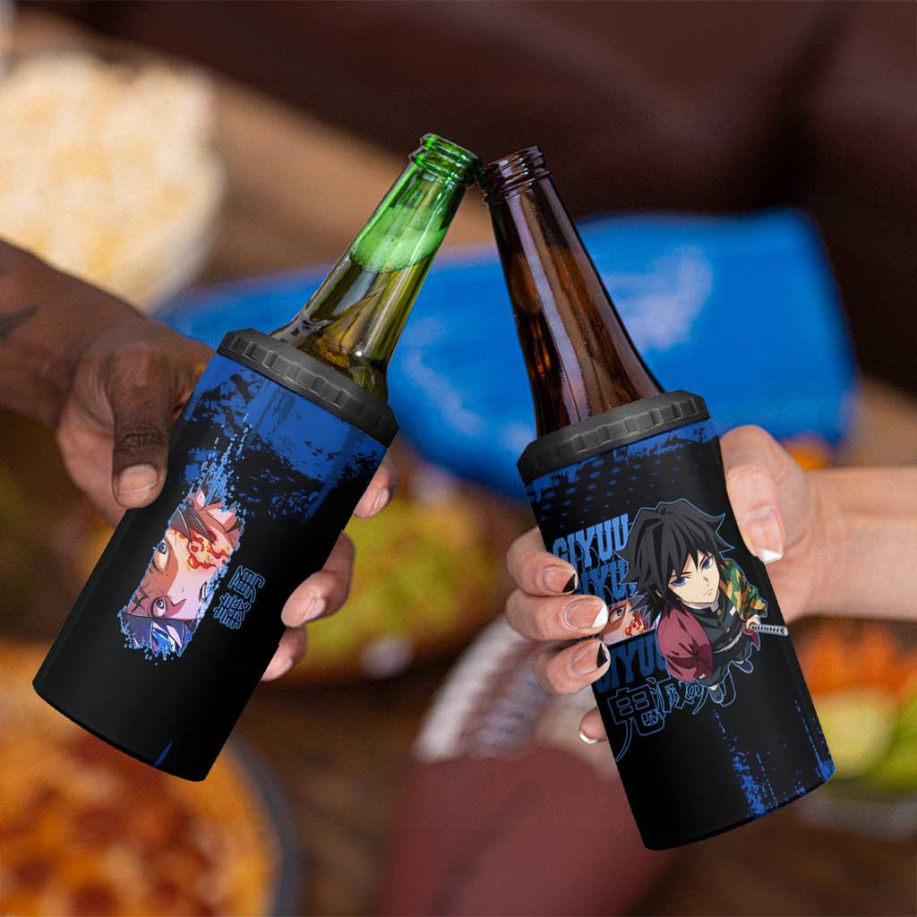 Giyu Tomioka Demon Slayer Blue Grunge Design 4 in 1 Can Cooler Tumbler with Intense Eyes and Sword Stance - The Mazicc