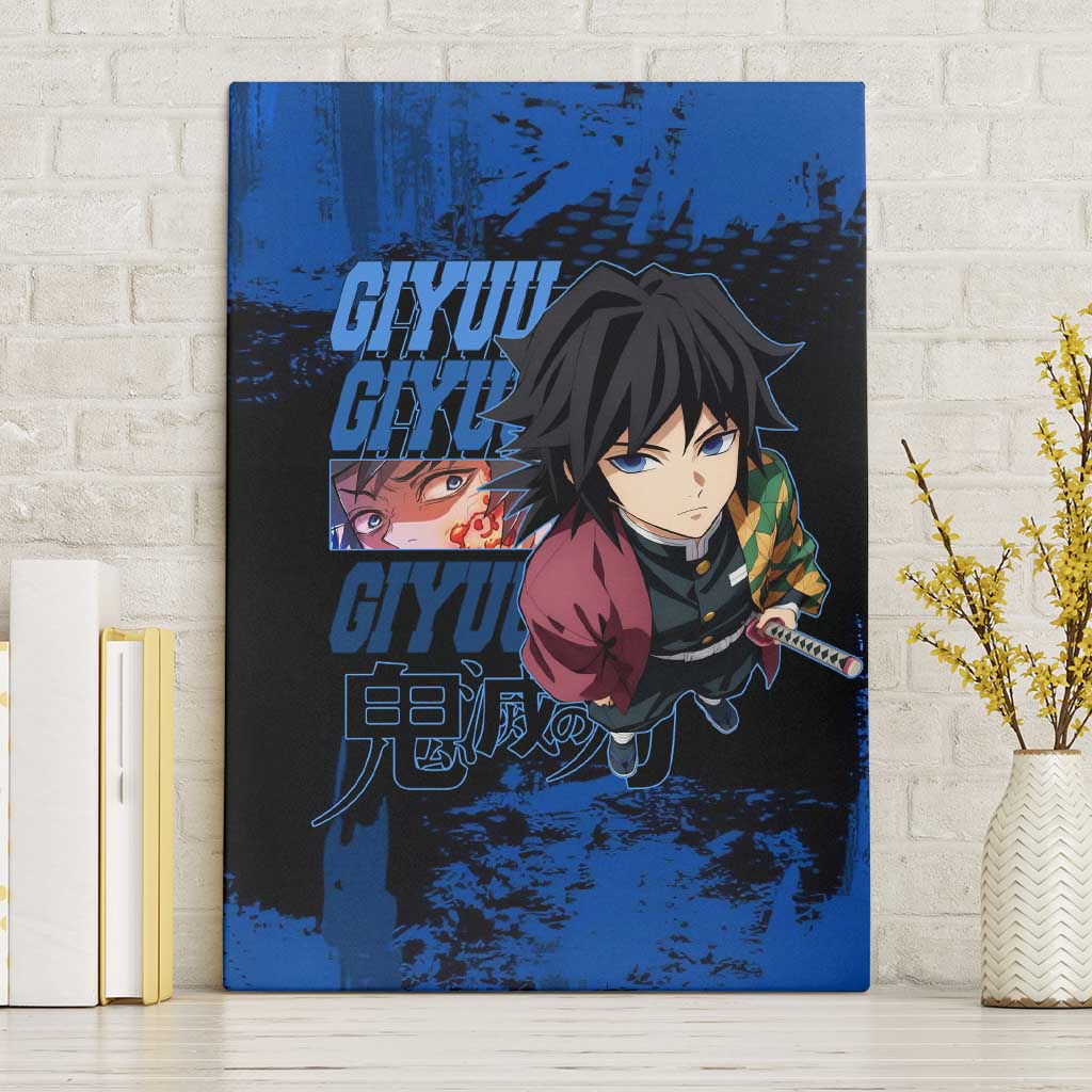 Giyu Tomioka Demon Slayer Blue Grunge Design Canvas Wall Art with Intense Eyes and Sword Stance - The Mazicc