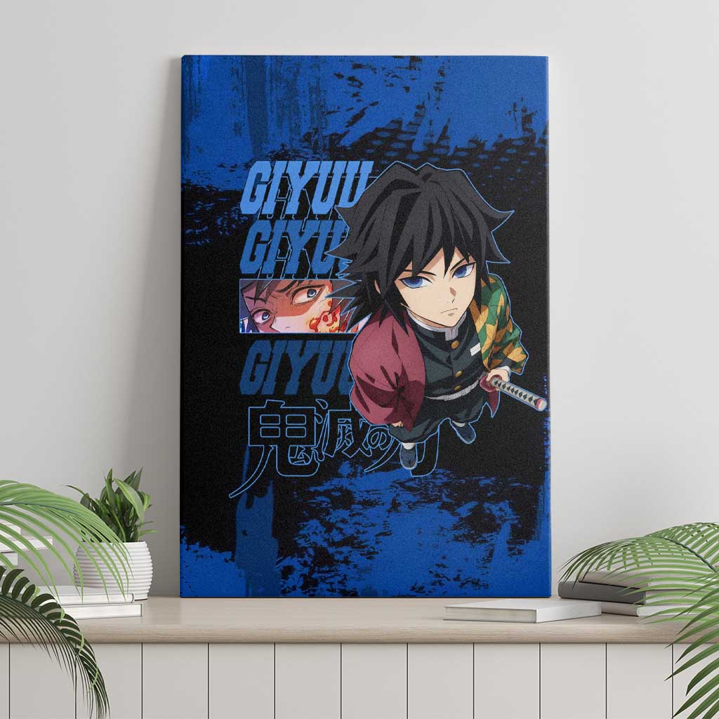 Giyu Tomioka Demon Slayer Blue Grunge Design Canvas Wall Art with Intense Eyes and Sword Stance - The Mazicc