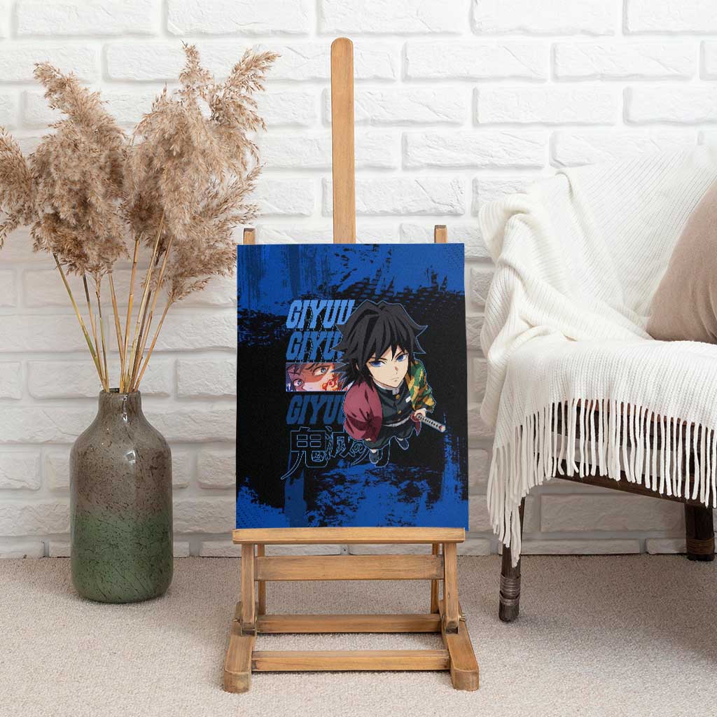 Giyu Tomioka Demon Slayer Blue Grunge Design Canvas Wall Art with Intense Eyes and Sword Stance - The Mazicc
