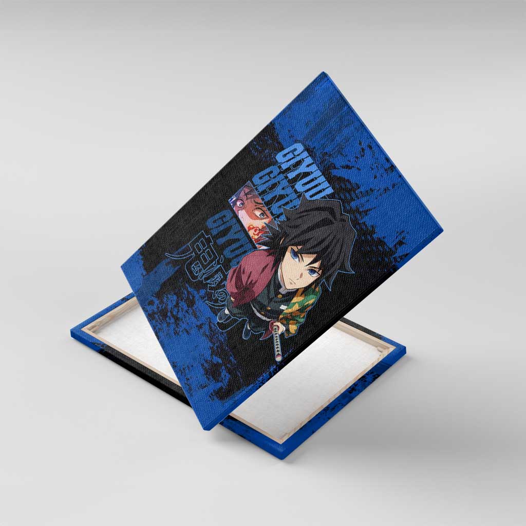 Giyu Tomioka Demon Slayer Blue Grunge Design Canvas Wall Art with Intense Eyes and Sword Stance - The Mazicc