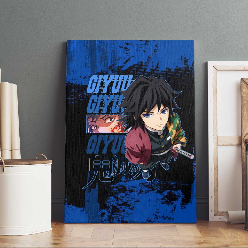 Giyu Tomioka Demon Slayer Blue Grunge Design Canvas Wall Art with Intense Eyes and Sword Stance - The Mazicc