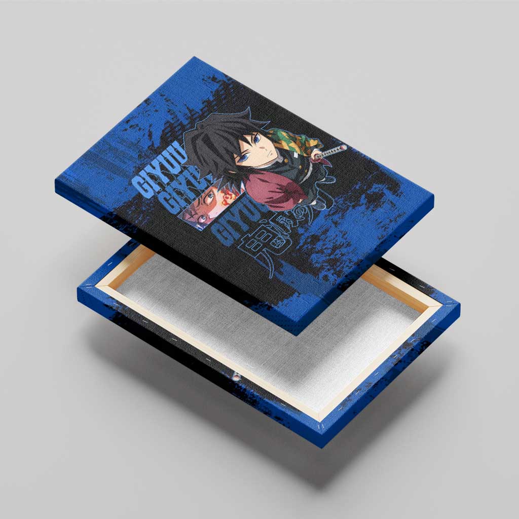 Giyu Tomioka Demon Slayer Blue Grunge Design Canvas Wall Art with Intense Eyes and Sword Stance - The Mazicc