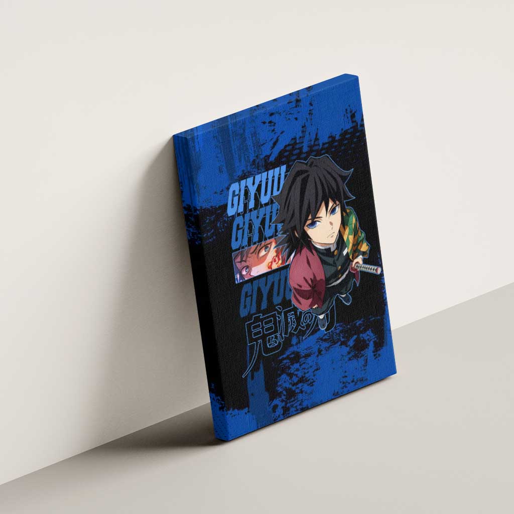 Giyu Tomioka Demon Slayer Blue Grunge Design Canvas Wall Art with Intense Eyes and Sword Stance - The Mazicc