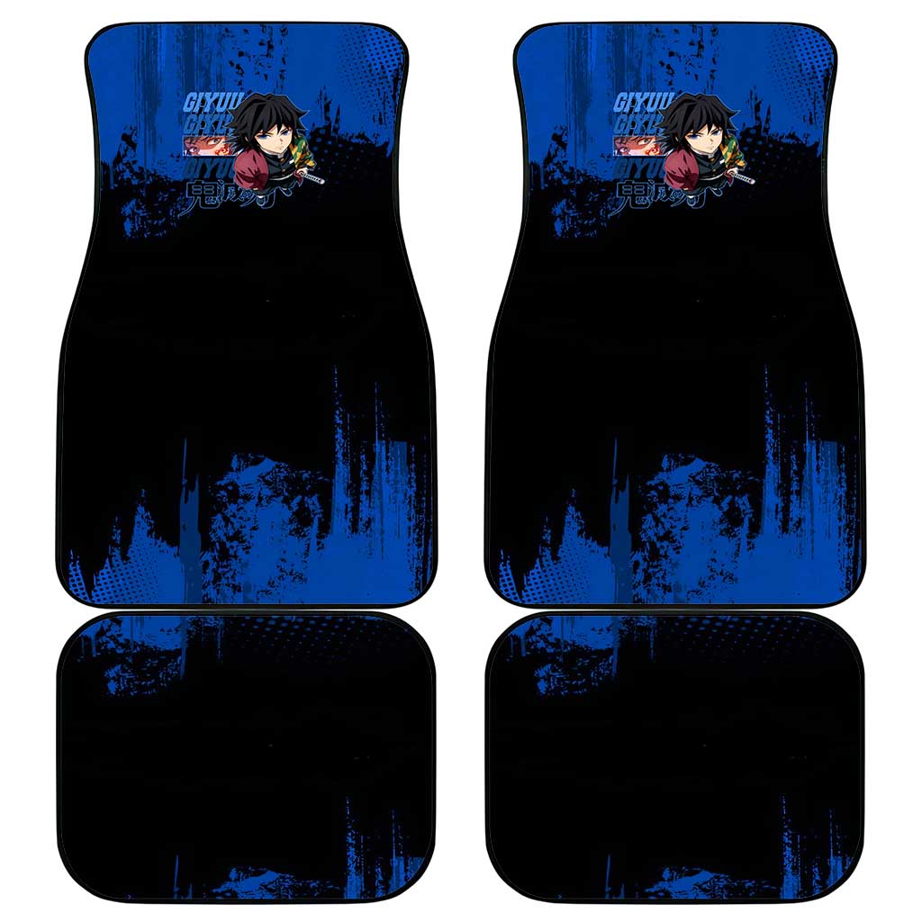 Giyu Tomioka Demon Slayer Blue Grunge Design Car Mats with Intense Eyes and Sword Stance - The Mazicc