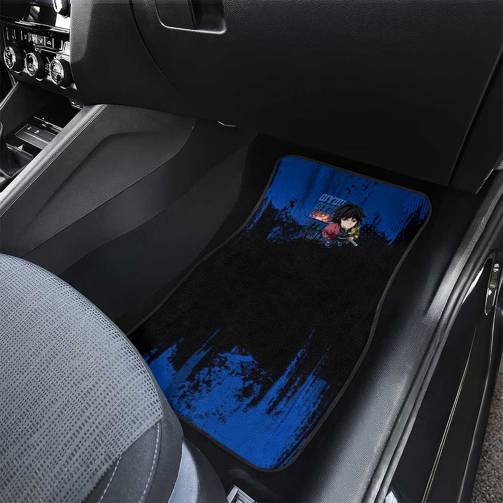 Giyu Tomioka Demon Slayer Blue Grunge Design Car Mats with Intense Eyes and Sword Stance - The Mazicc