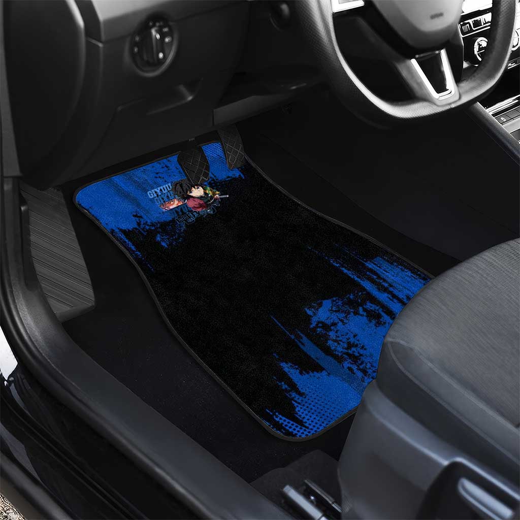 Giyu Tomioka Demon Slayer Blue Grunge Design Car Mats with Intense Eyes and Sword Stance - The Mazicc