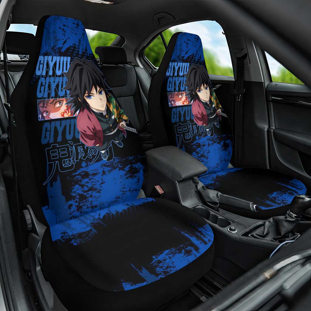 Giyu Tomioka Demon Slayer Blue Grunge Design Car Seat Cover with Intense Eyes and Sword Stance - The Mazicc