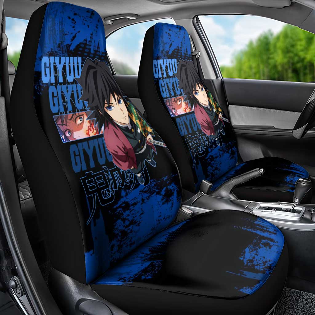 Giyu Tomioka Demon Slayer Blue Grunge Design Car Seat Cover with Intense Eyes and Sword Stance - The Mazicc