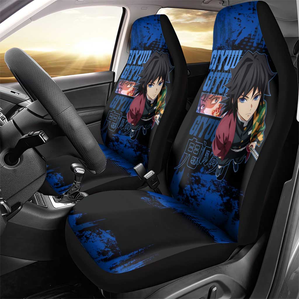Giyu Tomioka Demon Slayer Blue Grunge Design Car Seat Cover with Intense Eyes and Sword Stance - The Mazicc