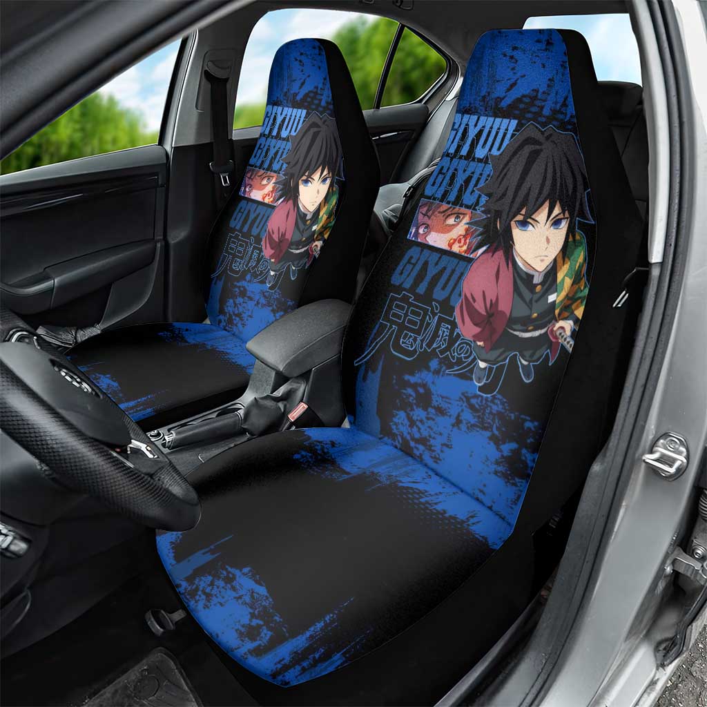 Giyu Tomioka Demon Slayer Blue Grunge Design Car Seat Cover with Intense Eyes and Sword Stance - The Mazicc
