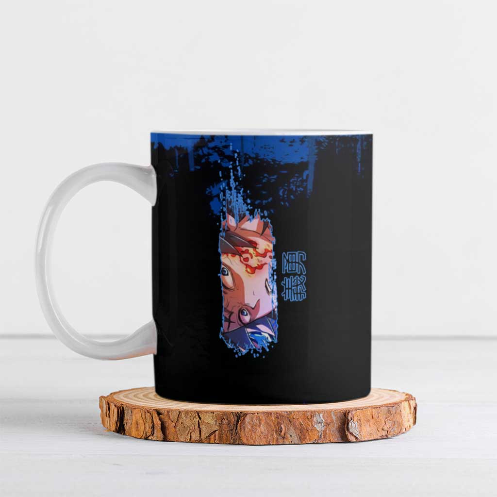Giyu Tomioka Demon Slayer Blue Grunge Design Ceramic Mug with Intense Eyes and Sword Stance - The Mazicc