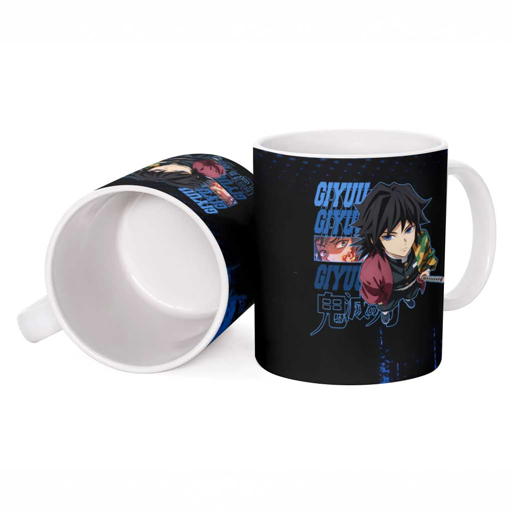 Giyu Tomioka Demon Slayer Blue Grunge Design Ceramic Mug with Intense Eyes and Sword Stance - The Mazicc