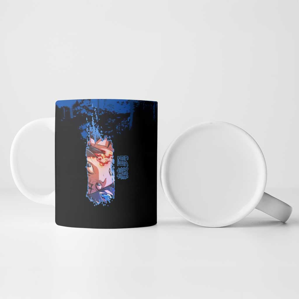 Giyu Tomioka Demon Slayer Blue Grunge Design Ceramic Mug with Intense Eyes and Sword Stance - The Mazicc