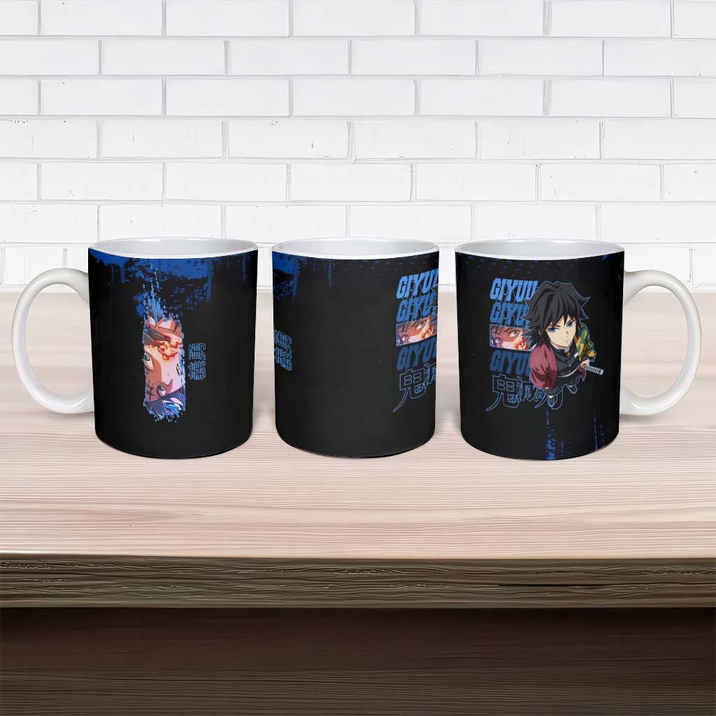 Giyu Tomioka Demon Slayer Blue Grunge Design Ceramic Mug with Intense Eyes and Sword Stance - The Mazicc