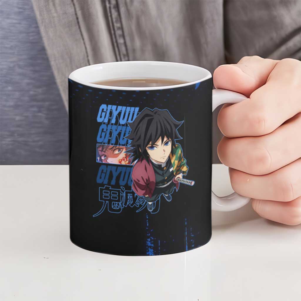 Giyu Tomioka Demon Slayer Blue Grunge Design Ceramic Mug with Intense Eyes and Sword Stance - The Mazicc