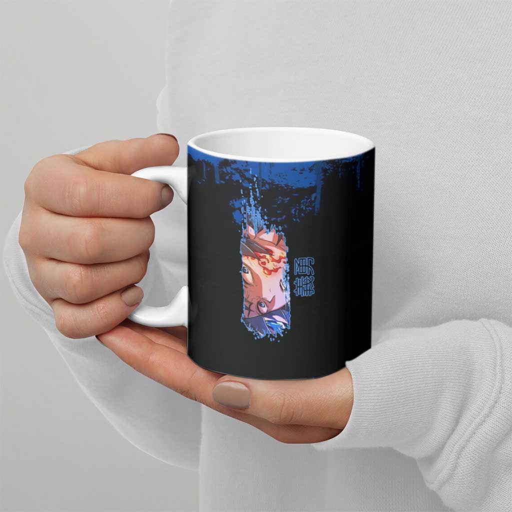 Giyu Tomioka Demon Slayer Blue Grunge Design Ceramic Mug with Intense Eyes and Sword Stance - The Mazicc