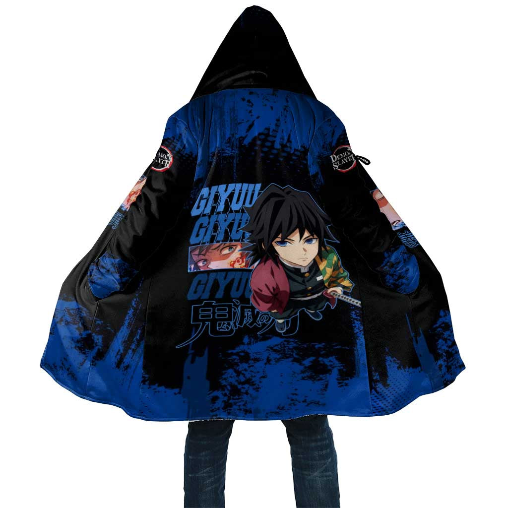 Giyu Tomioka Demon Slayer Blue Grunge Design Cloak with Intense Eyes and Sword Stance - The Mazicc