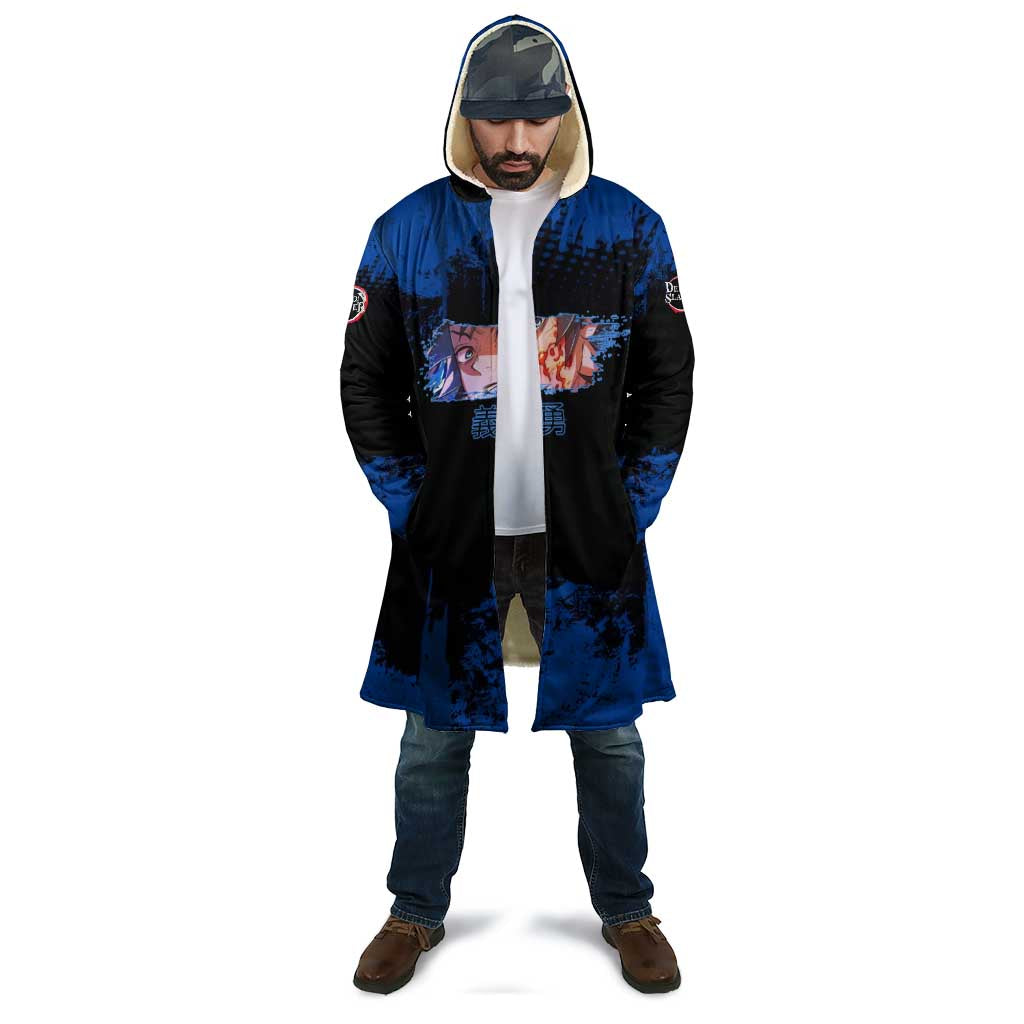 Giyu Tomioka Demon Slayer Blue Grunge Design Cloak with Intense Eyes and Sword Stance - The Mazicc