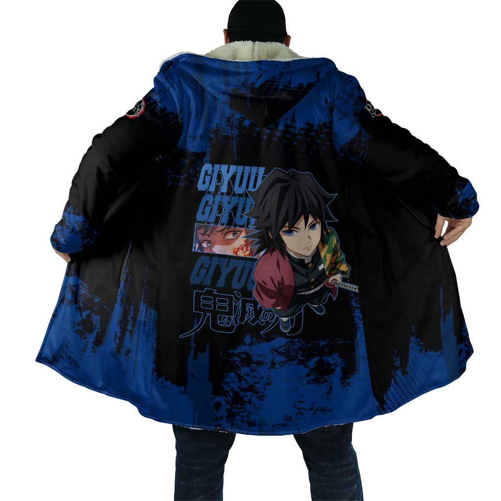 Giyu Tomioka Demon Slayer Blue Grunge Design Cloak with Intense Eyes and Sword Stance - The Mazicc