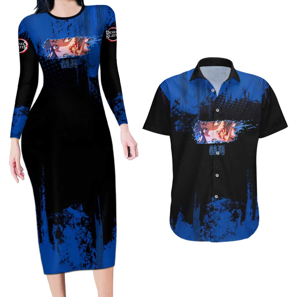 Giyu Tomioka Demon Slayer Blue Grunge Design Couples Matching Long Sleeve Bodycon Dress and Hawaiian Shirt with Intense Eyes and Sword Stance - The Mazicc