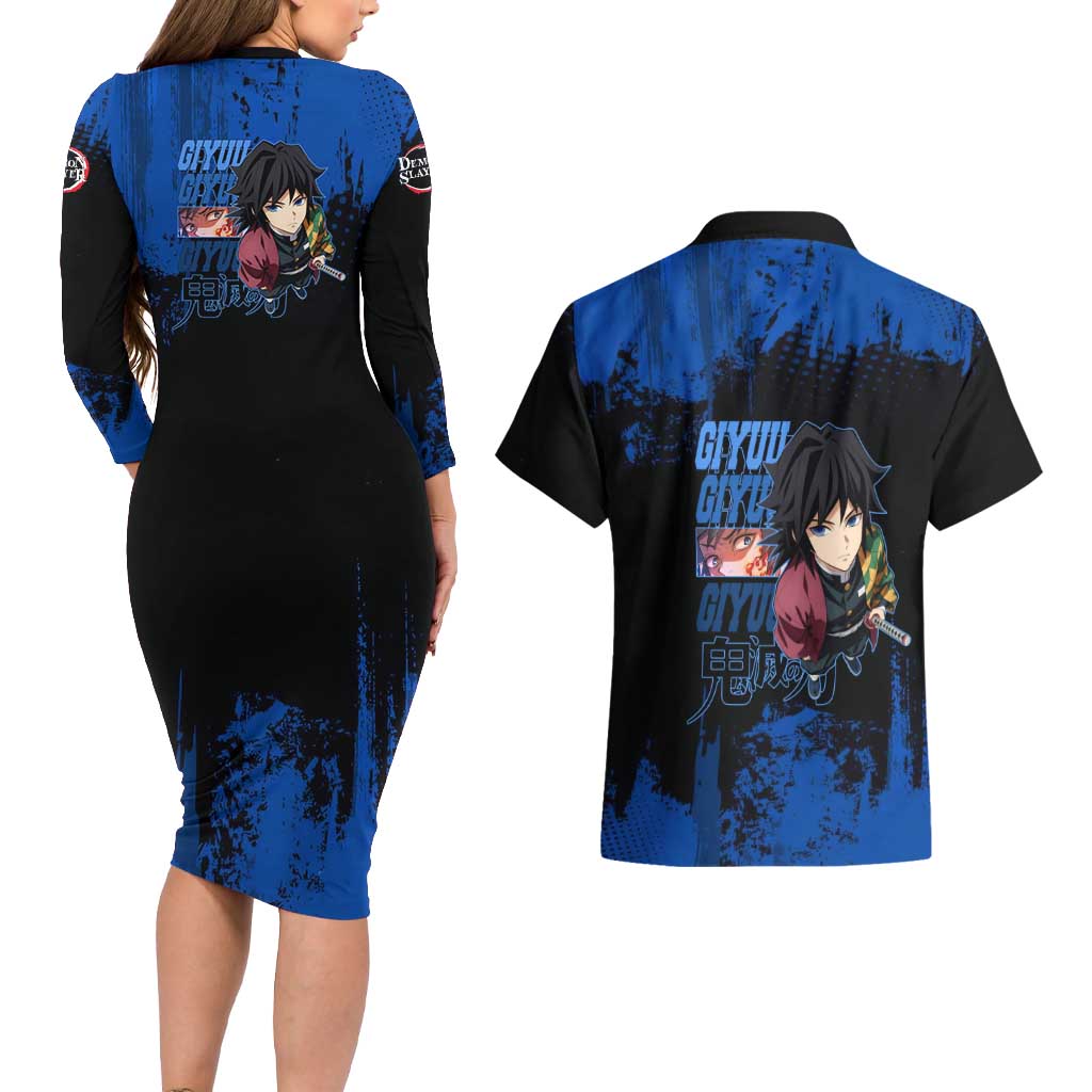 Giyu Tomioka Demon Slayer Blue Grunge Design Couples Matching Long Sleeve Bodycon Dress and Hawaiian Shirt with Intense Eyes and Sword Stance - The Mazicc