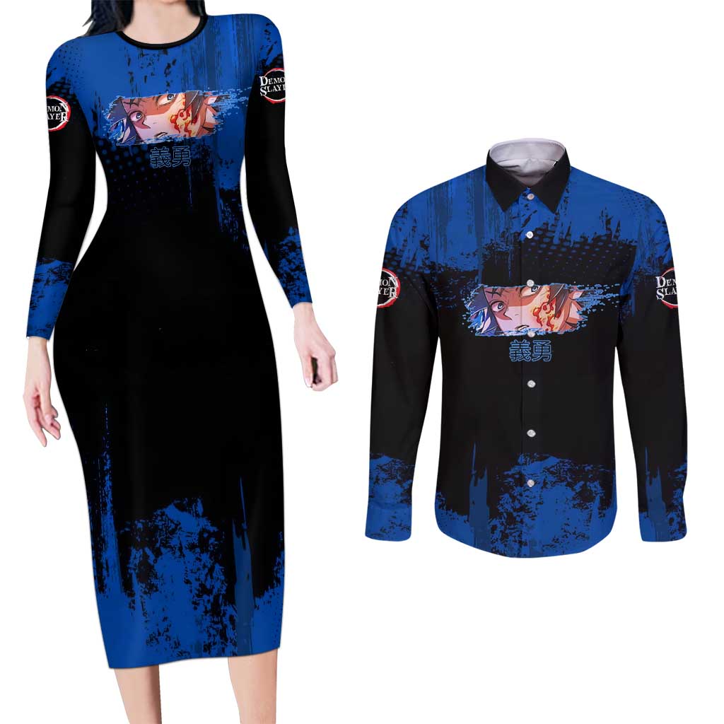 Giyu Tomioka Demon Slayer Blue Grunge Design Couples Matching Long Sleeve Bodycon Dress and Long Sleeve Button Shirt with Intense Eyes and Sword Stance - The Mazicc