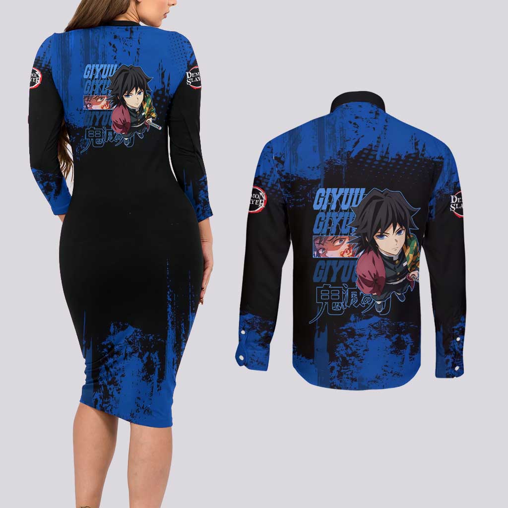 Giyu Tomioka Demon Slayer Blue Grunge Design Couples Matching Long Sleeve Bodycon Dress and Long Sleeve Button Shirt with Intense Eyes and Sword Stance - The Mazicc