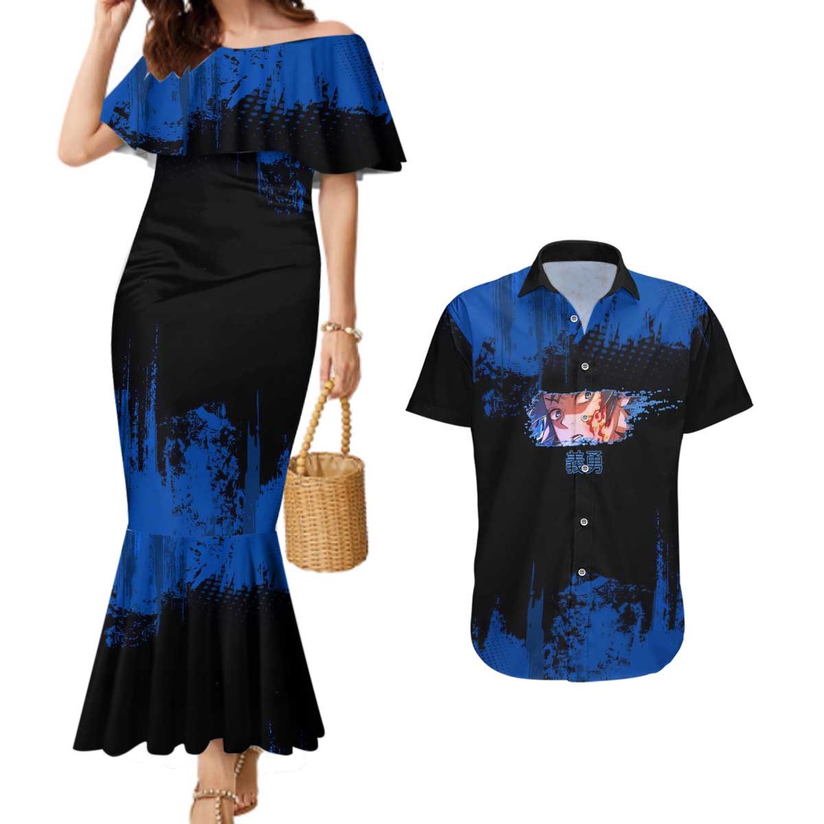 Giyu Tomioka Demon Slayer Blue Grunge Design Couples Matching Mermaid Dress and Hawaiian Shirt with Intense Eyes and Sword Stance - The Mazicc