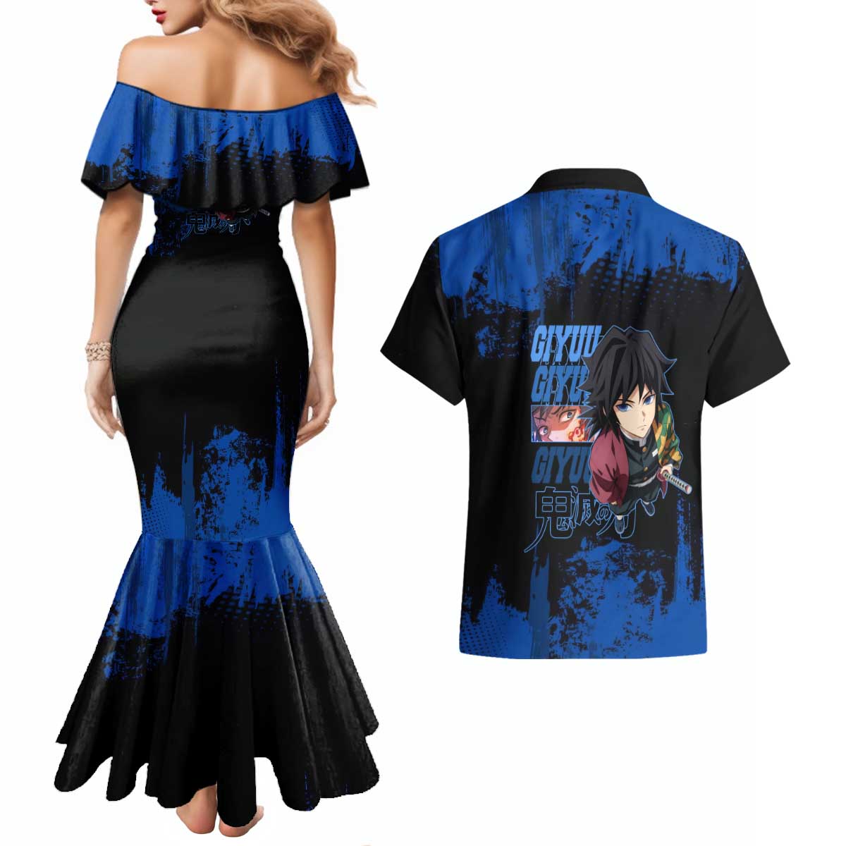 Giyu Tomioka Demon Slayer Blue Grunge Design Couples Matching Mermaid Dress and Hawaiian Shirt with Intense Eyes and Sword Stance - The Mazicc