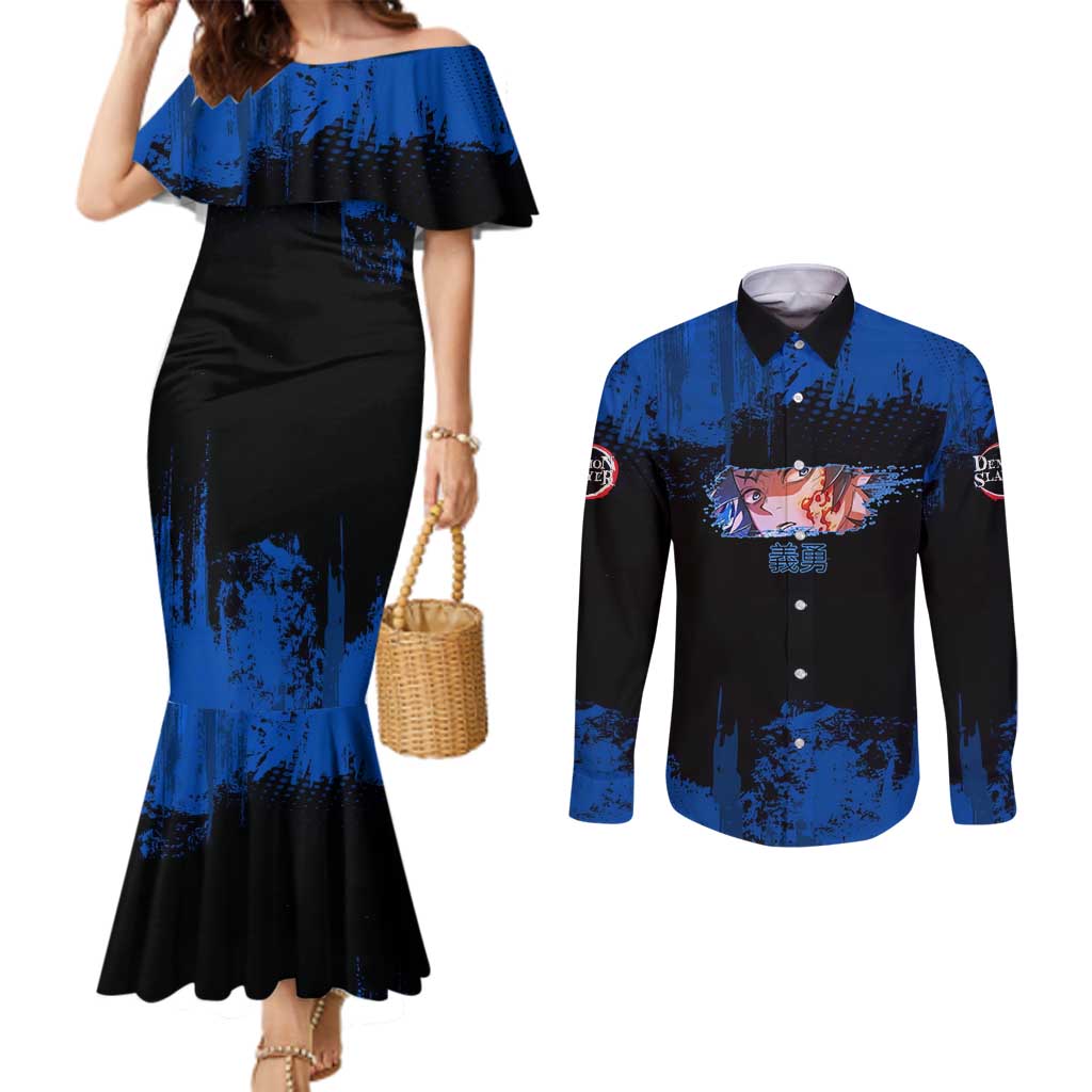 Giyu Tomioka Demon Slayer Blue Grunge Design Couples Matching Mermaid Dress and Long Sleeve Button Shirt with Intense Eyes and Sword Stance - The Mazicc