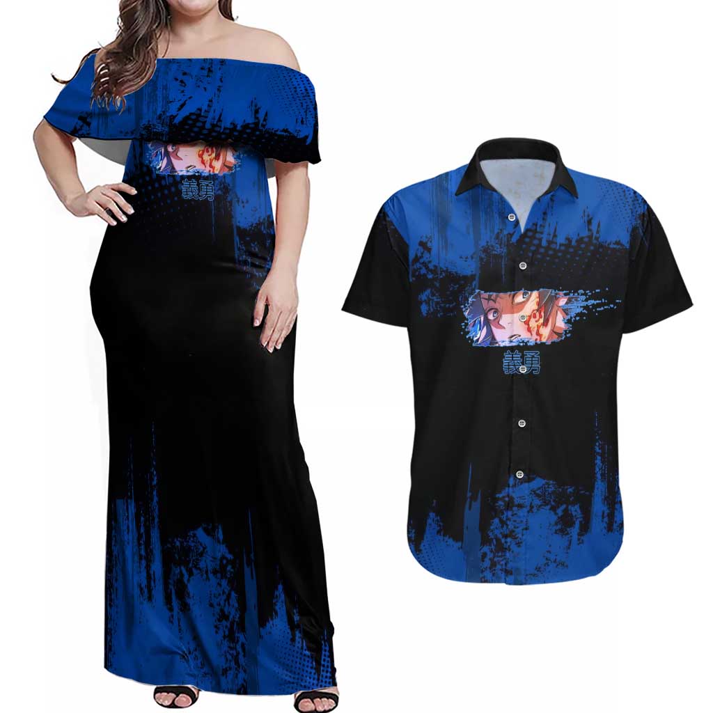 Giyu Tomioka Demon Slayer Blue Grunge Design Couples Matching Off Shoulder Maxi Dress and Hawaiian Shirt with Intense Eyes and Sword Stance - The Mazicc