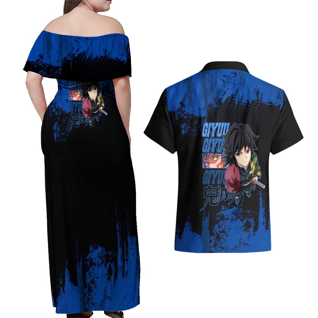 Giyu Tomioka Demon Slayer Blue Grunge Design Couples Matching Off Shoulder Maxi Dress and Hawaiian Shirt with Intense Eyes and Sword Stance - The Mazicc