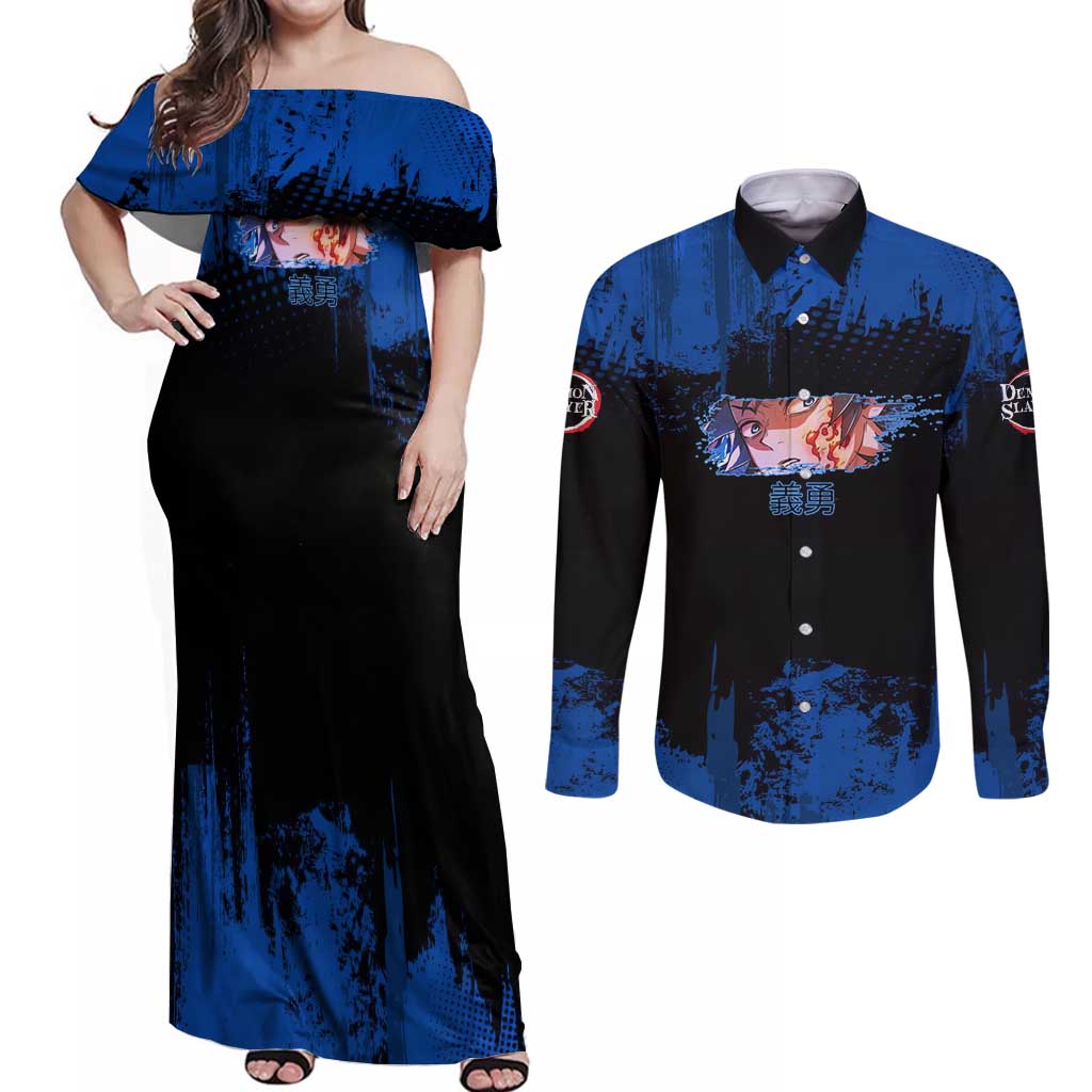 Giyu Tomioka Demon Slayer Blue Grunge Design Couples Matching Off Shoulder Maxi Dress and Long Sleeve Button Shirt with Intense Eyes and Sword Stance - The Mazicc