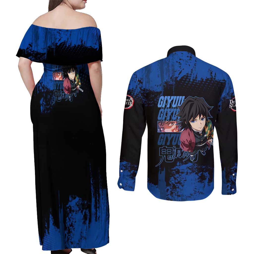 Giyu Tomioka Demon Slayer Blue Grunge Design Couples Matching Off Shoulder Maxi Dress and Long Sleeve Button Shirt with Intense Eyes and Sword Stance - The Mazicc
