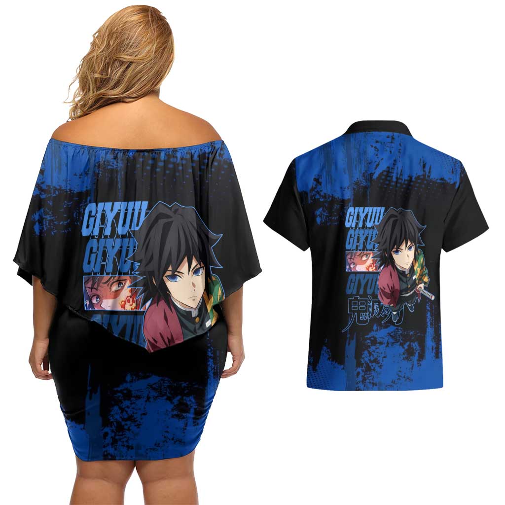Giyu Tomioka Demon Slayer Blue Grunge Design Couples Matching Off Shoulder Short Dress and Hawaiian Shirt with Intense Eyes and Sword Stance - The Mazicc