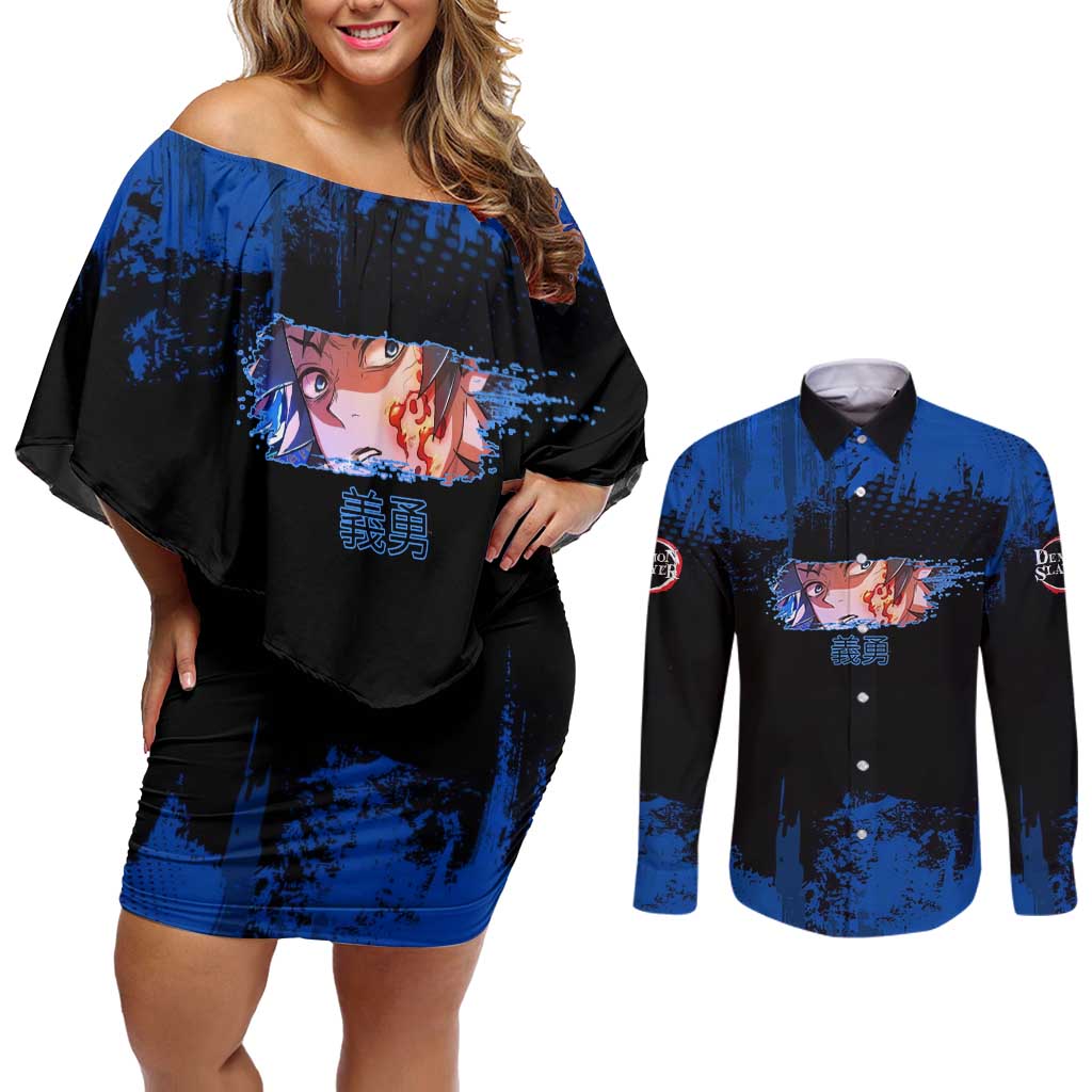 Giyu Tomioka Demon Slayer Blue Grunge Design Couples Matching Off Shoulder Short Dress and Long Sleeve Button Shirt with Intense Eyes and Sword Stance - The Mazicc