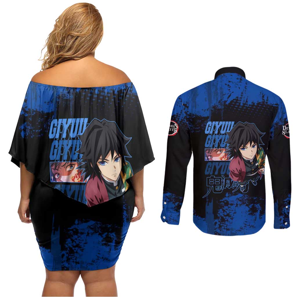 Giyu Tomioka Demon Slayer Blue Grunge Design Couples Matching Off Shoulder Short Dress and Long Sleeve Button Shirt with Intense Eyes and Sword Stance - The Mazicc