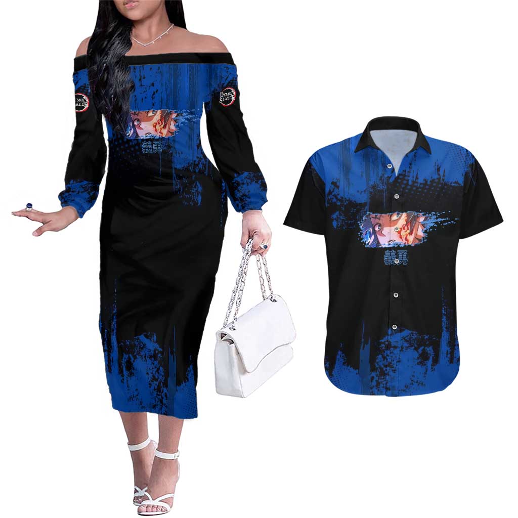 Giyu Tomioka Demon Slayer Blue Grunge Design Couples Matching Off The Shoulder Long Sleeve Dress and Hawaiian Shirt with Intense Eyes and Sword Stance - The Mazicc