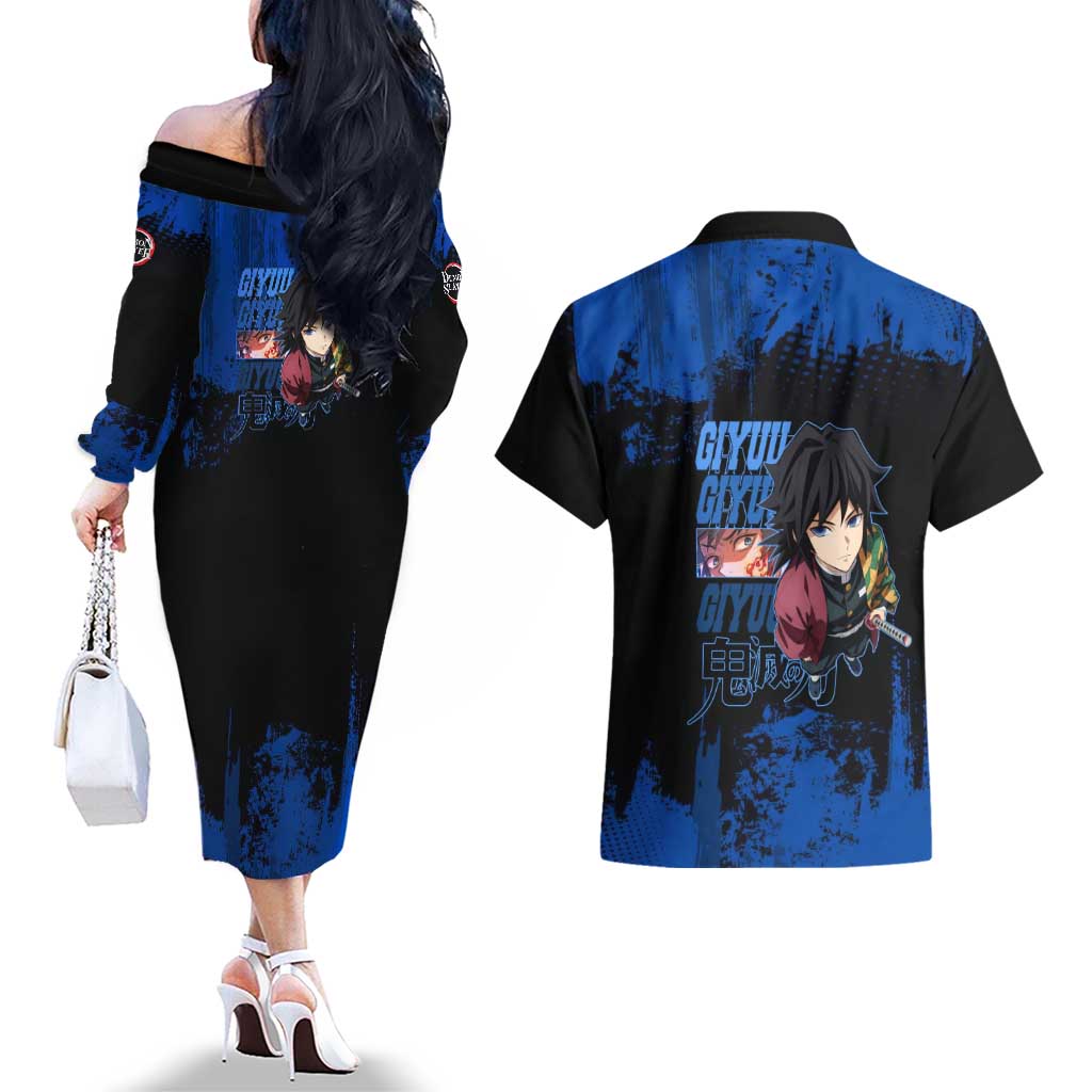 Giyu Tomioka Demon Slayer Blue Grunge Design Couples Matching Off The Shoulder Long Sleeve Dress and Hawaiian Shirt with Intense Eyes and Sword Stance - The Mazicc